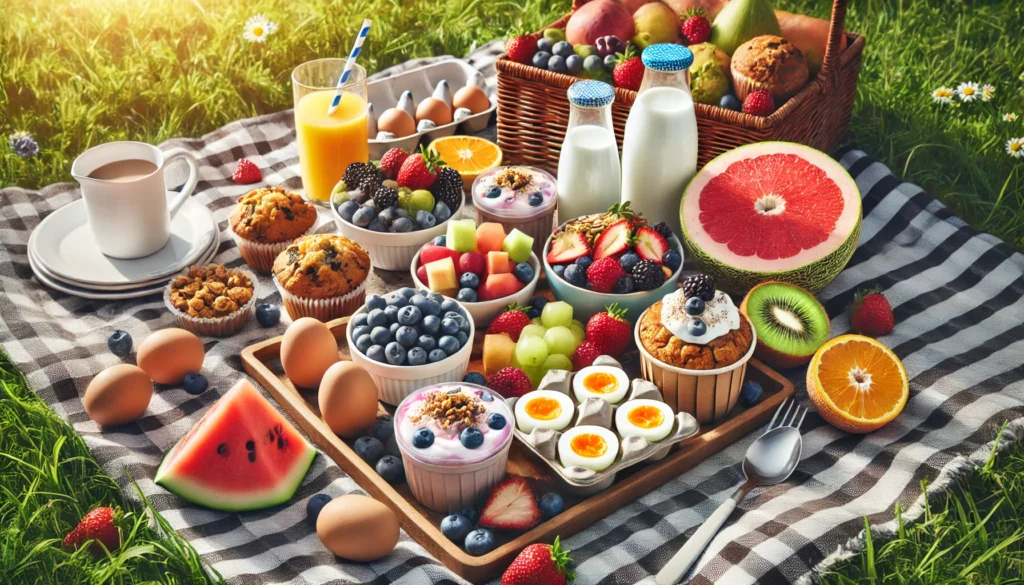 Smart Ways to Build a Balanced Breakfast Plate: Expert Tips and Example of a Balanced Diet for Breakfast 3 Outdoor breakfast picnic on a checkered blanket with bowls of mixed fruit, whole grain muffins, boiled eggs, yogurt parfaits, and milk cartons under sunny skies.
