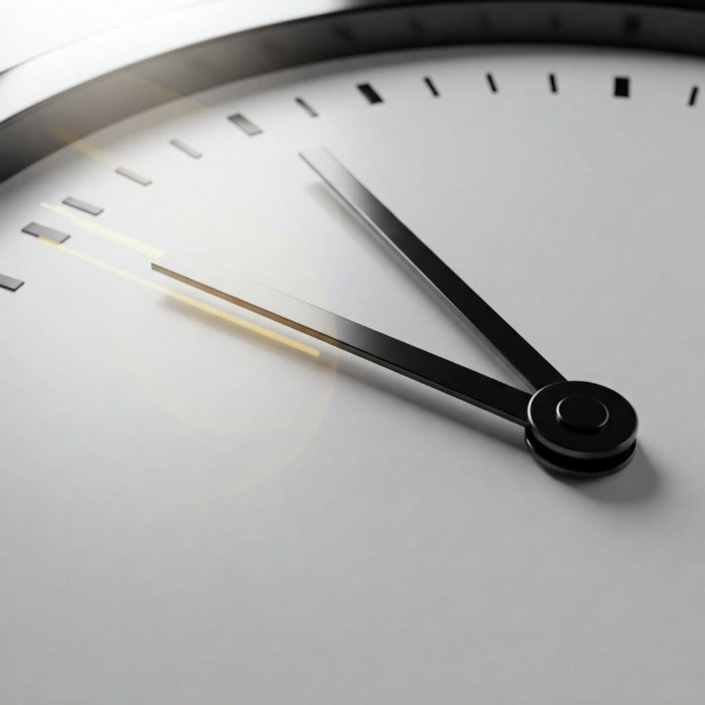 A striking clock face with a sleek, metallic second hand moving at an incredibly fast speed, set against a stark, white background, symbolizing rapid weight loss.