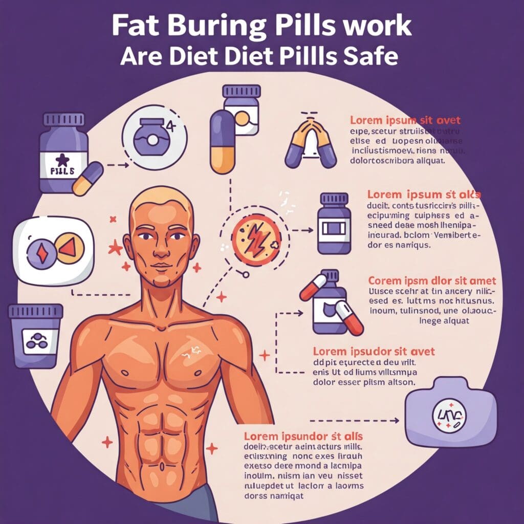 Do Fat Burning Pills Work and Are Diet Pills Safe? What You Need to Know About the Best Fat Burners for Women 2 A healthy chart of food with a bottle of diet pills next to it, illustrating the concept of combining healthy eating with safe supplements for effective weight management.