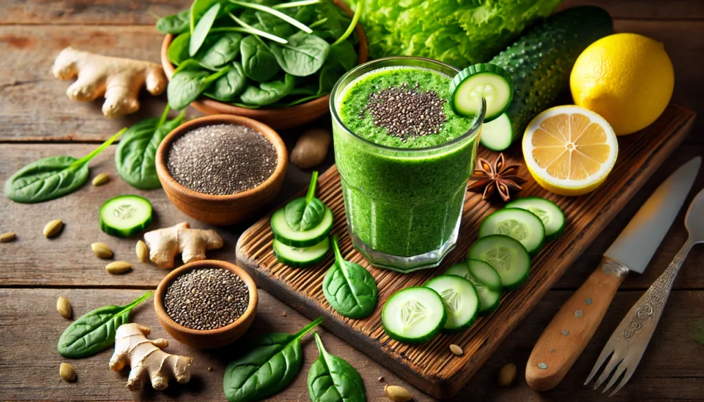 The Science Behind Parasite and Heavy Metal Cleanse: How Detoxification Supports Your Health 3 A refreshing detox smoothie made with cleansing ingredients like spinach, cucumber, lemon, ginger, and chia seeds, served in a glass and placed on a rustic wooden table with fresh detoxifying foods.