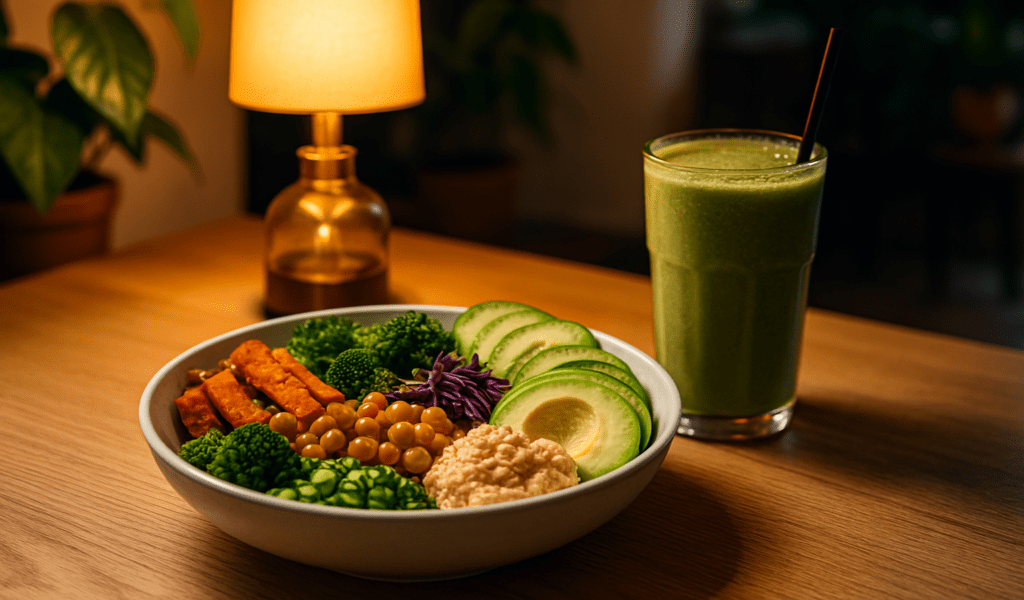 Where to Find Good Vegetarian Food Near Me: Healthy, Delicious, and Plant-Based Options Backed by Nutrition Science 2 A vibrant Buddha bowl with colorful vegetables and grains sits beside a green smoothie on a wooden table, illuminated by warm lamplight in a cozy vegetarian café.