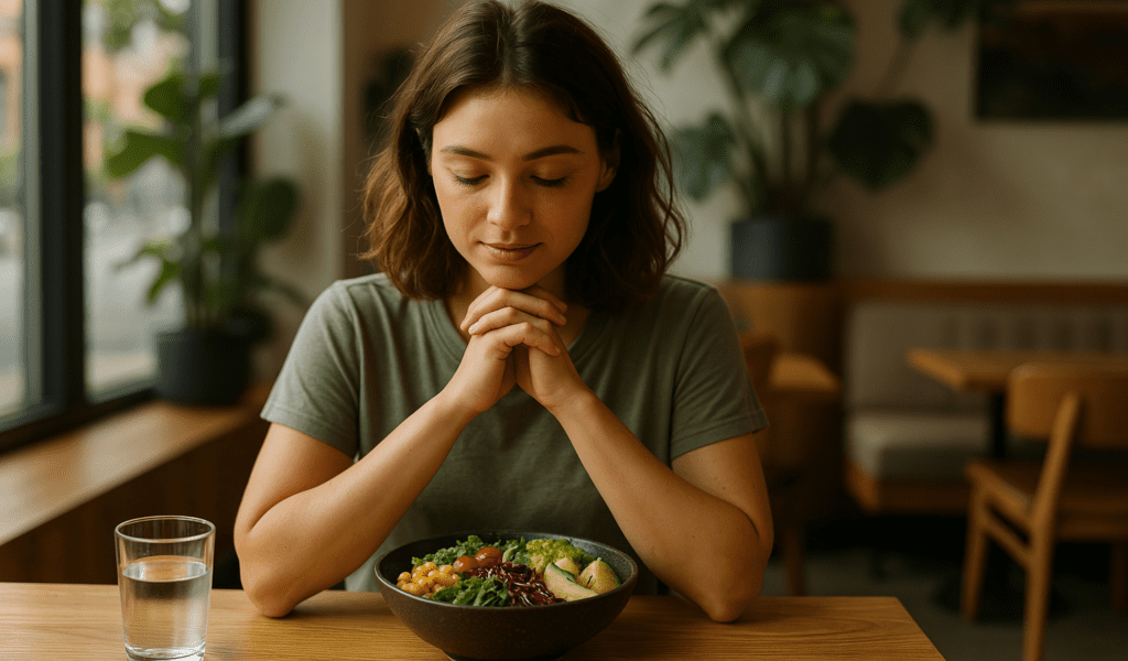 Where to Find Good Vegetarian Food Near Me: Healthy, Delicious, and Plant-Based Options Backed by Nutrition Science 1 A young woman sits thoughtfully at a wooden table in a modern vegetarian restaurant, bathed in soft morning light, gazing at a colorful salad with fresh greens and grains.