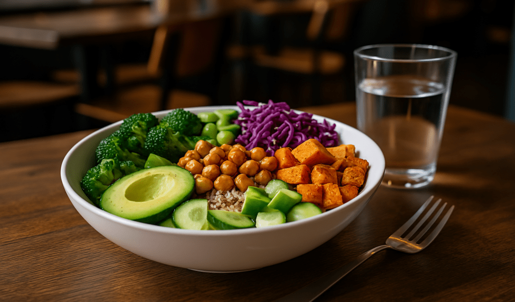 Where to Find Good Vegetarian Food Near Me: Healthy, Delicious, and Plant-Based Options Backed by Nutrition Science 3 A vibrant Buddha bowl filled with colorful vegetables like avocado, chickpeas, and sweet potatoes sits on a rustic wooden table under warm, moody lighting in a minimalist dining space.