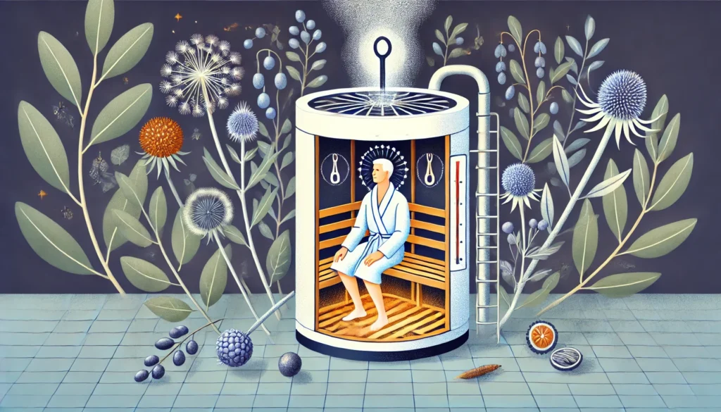 A person relaxing in an infrared sauna, symbolizing mercury detox through sweat, with gentle steam rising and surrounded by detoxifying herbs like milk thistle and burdock root.