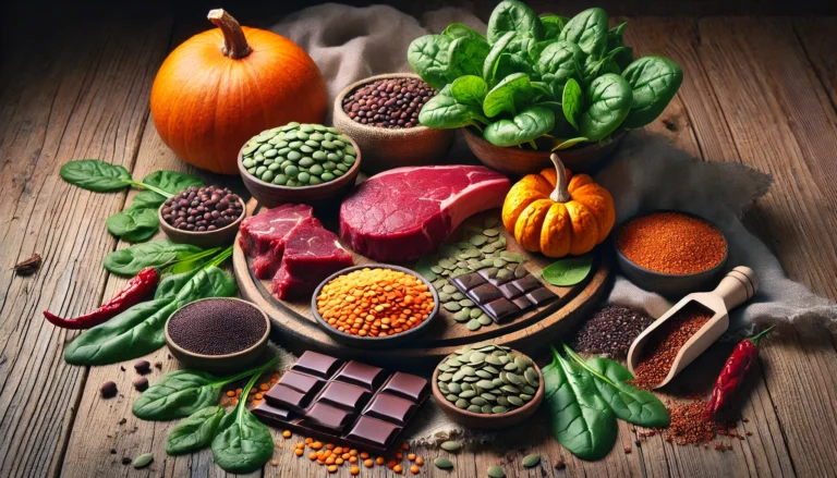 A vibrant display of iron-rich foods including spinach, lentils, red meat, pumpkin seeds, quinoa, and dark chocolate, arranged on a rustic wooden table under soft natural lighting.
