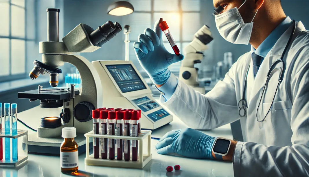 A scientist in a modern laboratory wearing protective gloves analyzing a blood sample in a test tube, surrounded by advanced equipment like a centrifuge and microscope, representing heavy metal testing.