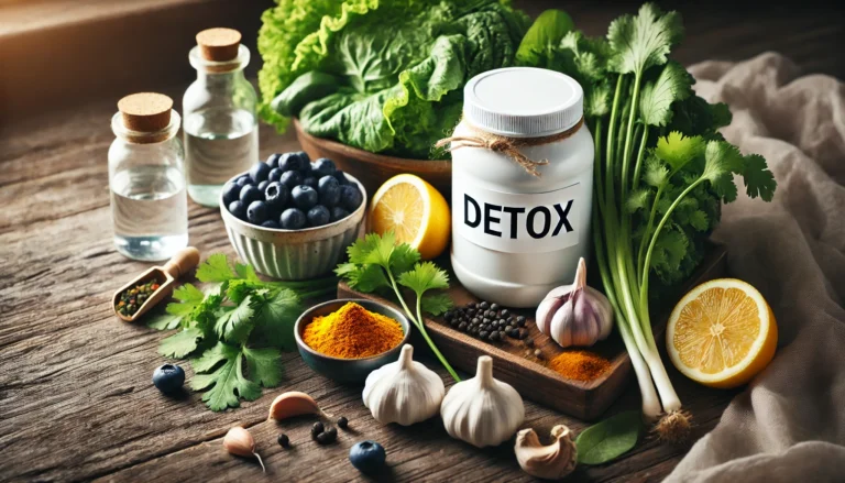 A wellness-focused detox scene featuring fresh foods known to reduce lead levels, including cilantro, garlic, turmeric, blueberries, and green leafy vegetables, arranged on a rustic wooden table with soft natural lighting.