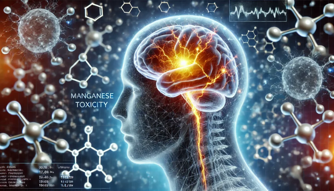 A conceptual medical visualization of manganese toxicity effects on the human brain, featuring a glowing brain with darkened neural pathways, symbolizing neurological damage, set against a futuristic scientific background.