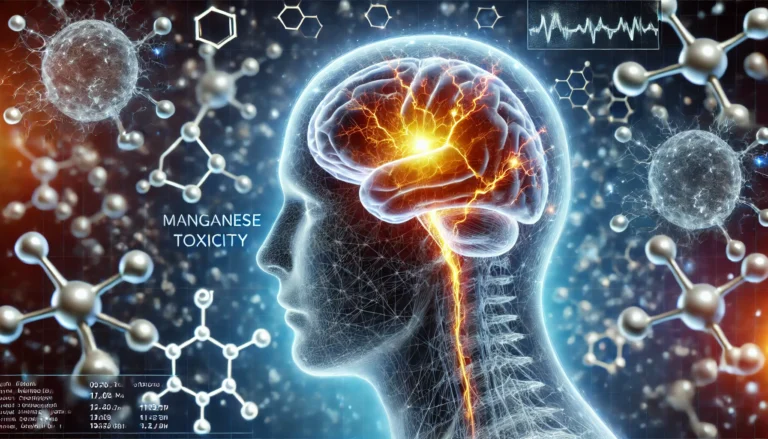 A conceptual medical visualization of manganese toxicity effects on the human brain, featuring a glowing brain with darkened neural pathways, symbolizing neurological damage, set against a futuristic scientific background.