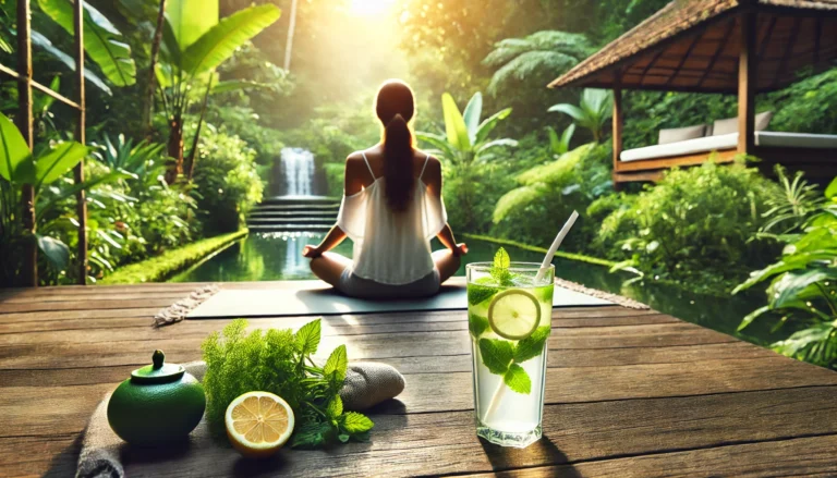 A woman meditating outdoors on a wooden deck, surrounded by lush greenery and soft morning sunlight, with a glass of detox water nearby, symbolizing holistic detoxification and rejuvenation.
