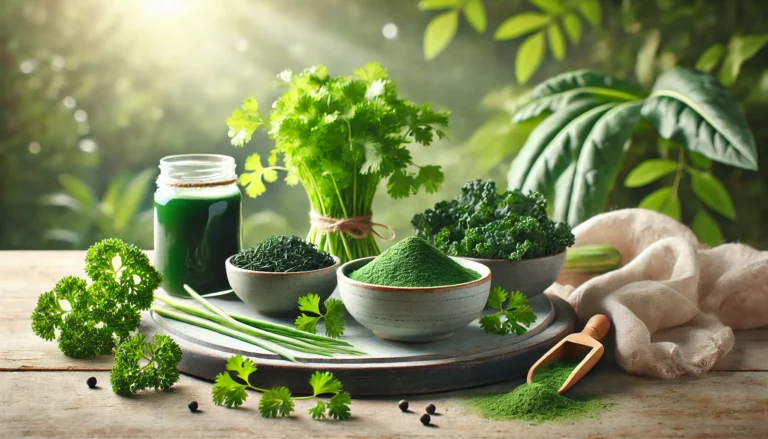 A serene detox scene featuring fresh cilantro, chlorella, and spirulina powders arranged on a wooden table, surrounded by green vegetables like kale and parsley, with soft sunlight filtering through leaves.