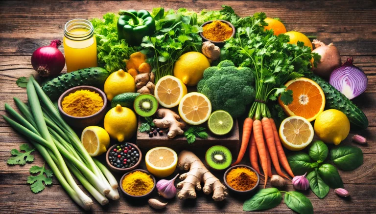 A vibrant detox concept featuring fresh fruits, vegetables, and herbs like lemons, ginger, cilantro, turmeric, and leafy greens, arranged on a rustic wooden table to symbolize natural detoxification.