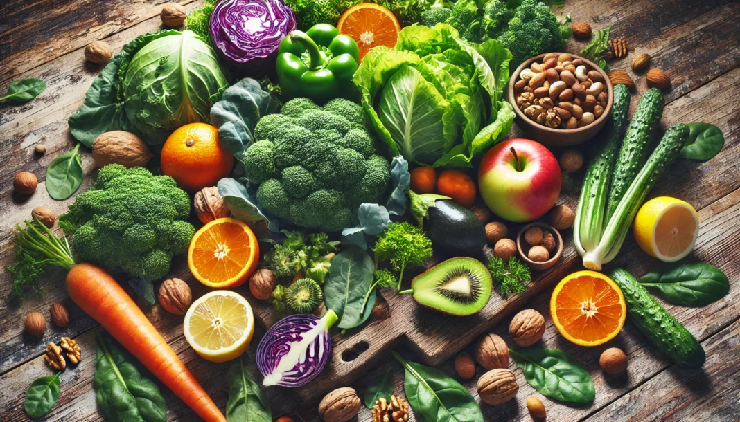 A variety of fresh, organic foods rich in antioxidants and essential minerals, including leafy greens, citrus fruits, and nuts, arranged on a wooden table to symbolize natural detoxification from lead exposure.