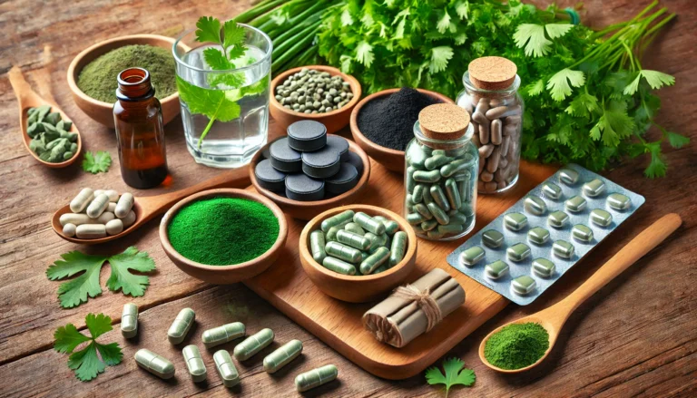 A collection of natural detox supplements, including chlorella tablets, spirulina powder, and activated charcoal capsules, arranged on a wooden table with fresh cilantro and a glass of water, symbolizing mercury detoxification.