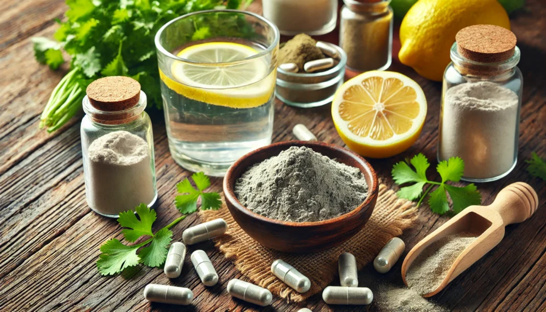 A close-up of natural zeolite powder and capsules in a wooden bowl, surrounded by detoxifying ingredients like fresh cilantro, lemon slices, and a glass of clean water, symbolizing zeolite detoxification.