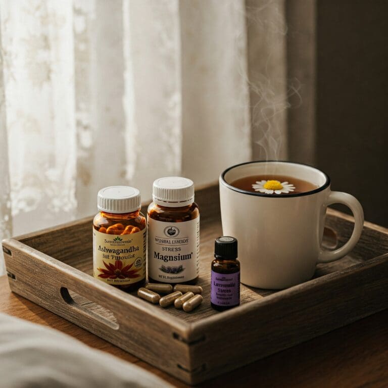 "Natural stress-relief supplements like ashwagandha and magnesium bottles sit beside chamomile tea in tranquil morning light. The inviting composition highlights holistic remedies for anxiety reduction and relaxation."