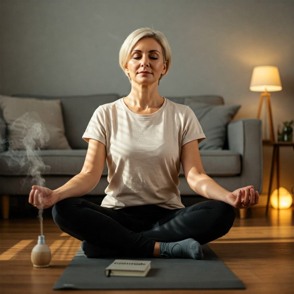 How to Naturally Lower Cortisol: Best Supplements and Strategies to Reduce Stress, Support Detox, and Fight Belly Fat 3 "A woman practices meditation in a sunlit living room, surrounded by a diffuser and gratitude journal. The warm, peaceful scene embodies mindfulness as a proven strategy for stress management."