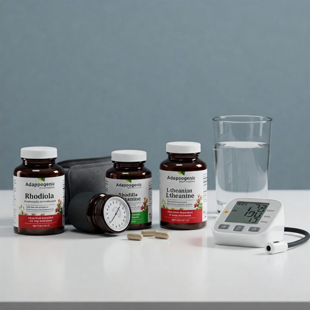 How to Naturally Lower Cortisol: Best Supplements and Strategies to Reduce Stress, Support Detox, and Fight Belly Fat 2 "Science-backed stress supplements like rhodiola and L-theanine are neatly organized under cool clinical lighting. The sterile precision reinforces their role in evidence-based stress reduction."