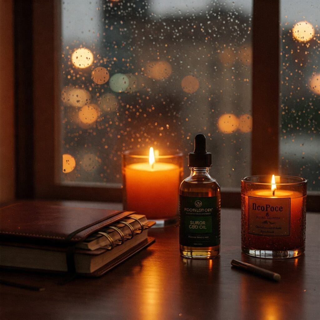 "CBD oil and a planner sit on a moody evening workspace, lit by candlelight and rain-streaked windows. The atmospheric shot ties stress-relief rituals to urban self-care routines."