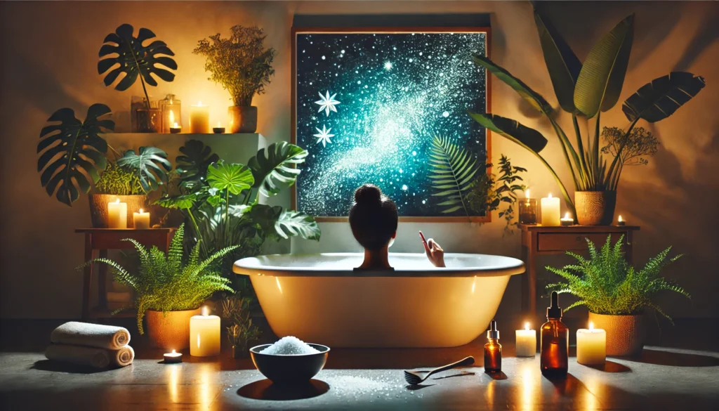 The Science Behind Parasite and Heavy Metal Cleanse: How Detoxification Supports Your Health 1 A serene wellness scene featuring a person enjoying a detox bath with Epsom salt and essential oils, surrounded by candles and green plants in a soothing, dimly lit environment.