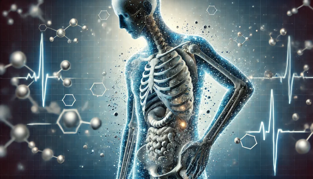 A conceptual image illustrating the hidden dangers of titanium poisoning, featuring a human silhouette with illuminated bones and organs. Metallic nanoparticles are dispersed throughout the body, symbolizing systemic toxicity, set against a futuristic medical-themed background in blue and silver hues.