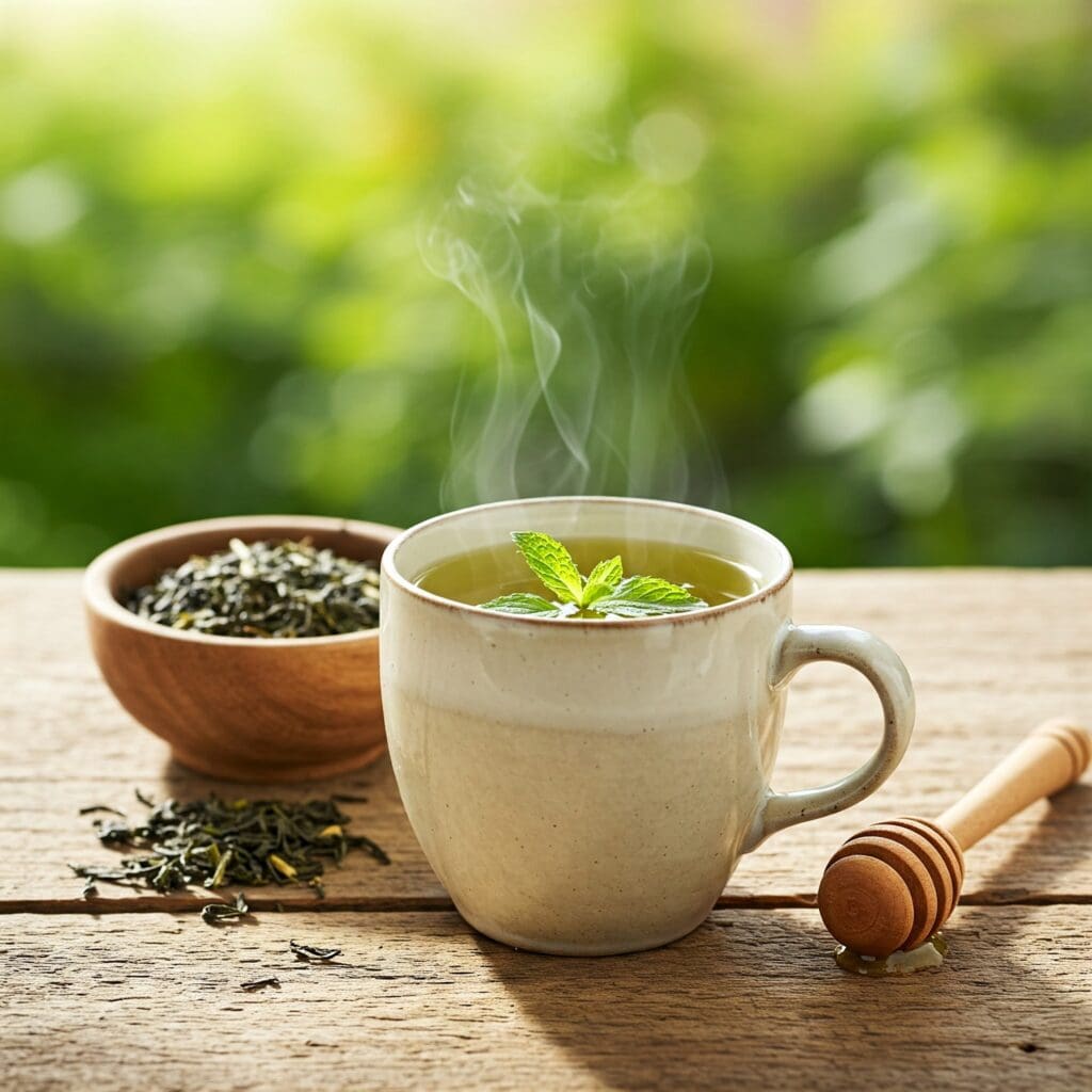 A vibrant cup of green tea with fresh mint leaves, steaming in natural morning light, symbolizes a refreshing herbal remedy for weight loss. The rustic wooden table and garden setting evoke a peaceful, health-focused ritual.