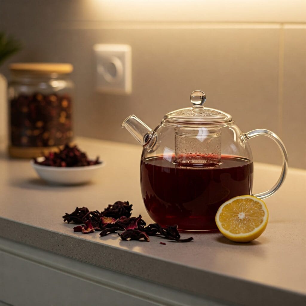Hibiscus tea, known for its metabolism-boosting properties, brews in a sleek glass teapot under warm indoor lighting. The arrangement of lemon slices and dried petals emphasizes natural weight-loss aids in a contemporary home setting.