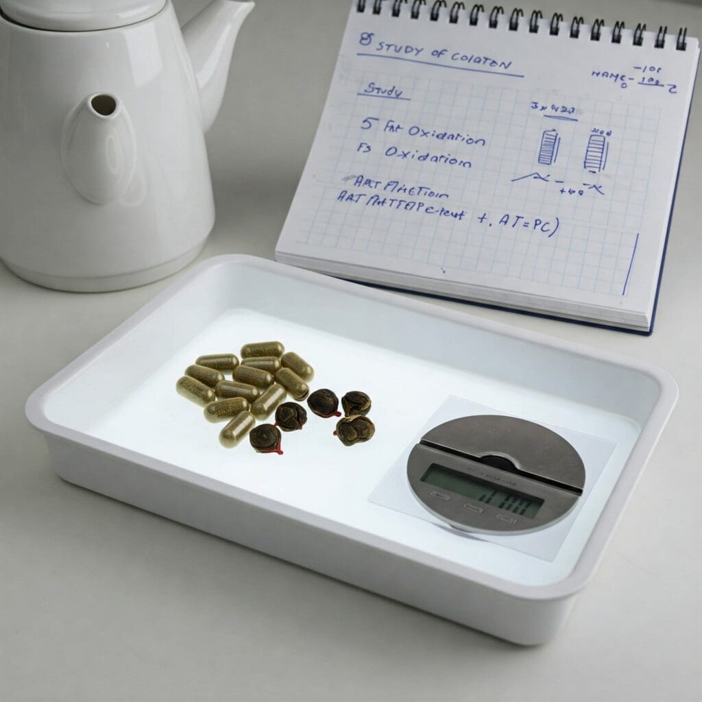 Oolong tea supplements and a precision scale under cool clinical lighting showcase a scientific approach to herbal weight management. The minimalist composition highlights research-backed wellness strategies.