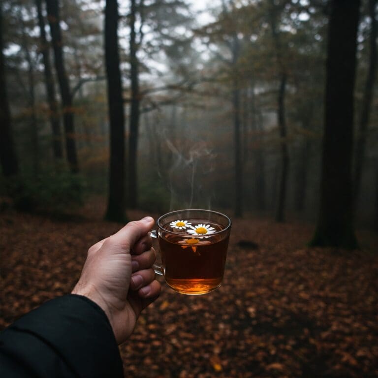 A solitary figure holds a cup of calming chamomile tea in a misty forest, lit by dramatic twilight shadows. This atmospheric image ties stress-reducing herbal teas to holistic weight-loss practices in nature.
