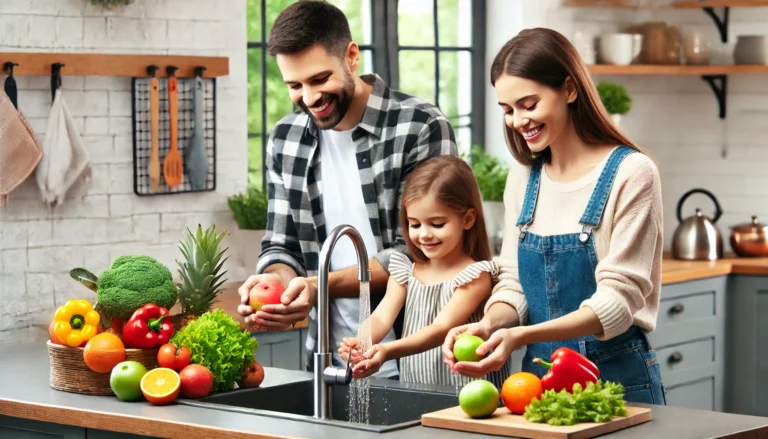 A family in a modern kitchen washing fresh fruits and vegetables under running water, ensuring their food is clean and safe to prevent lead contamination.