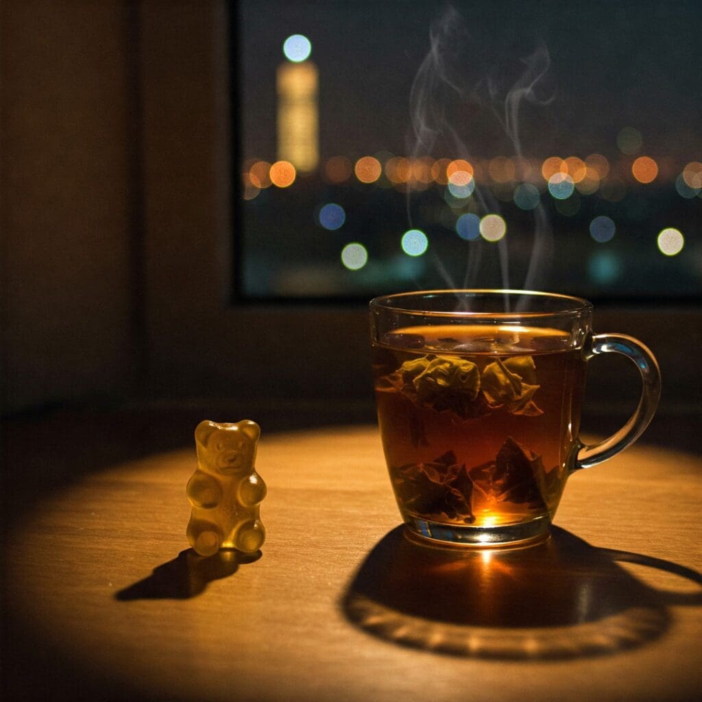 Do Weight Loss Gummies Help You Shed Pounds? Here's What You Need to Know! 2 A weight-loss gummy rests near herbal tea in a moody, urban evening setting, lit by dramatic shadows. The atmospheric scene ties gummies to mindful nighttime routines for metabolic support.