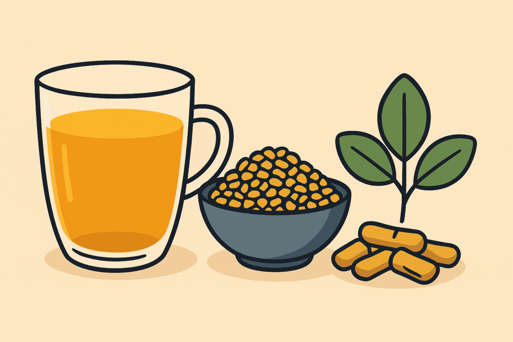 Can Fenugreek Help You Lose Weight? Exploring Fenugreek Fat Loss Benefits and Its Role as a Natural Appetite Suppressant 2 Fenugreek help you lose weight with tea, seeds, and leaf shown in simple, clean flat-style design.