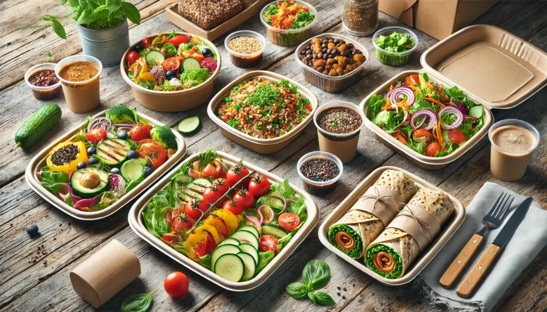 A colorful vegetarian takeout spread featuring quinoa bowls, grilled vegetables, and fresh salads arranged in eco-friendly containers on a rustic wooden table, bathed in natural daylight.