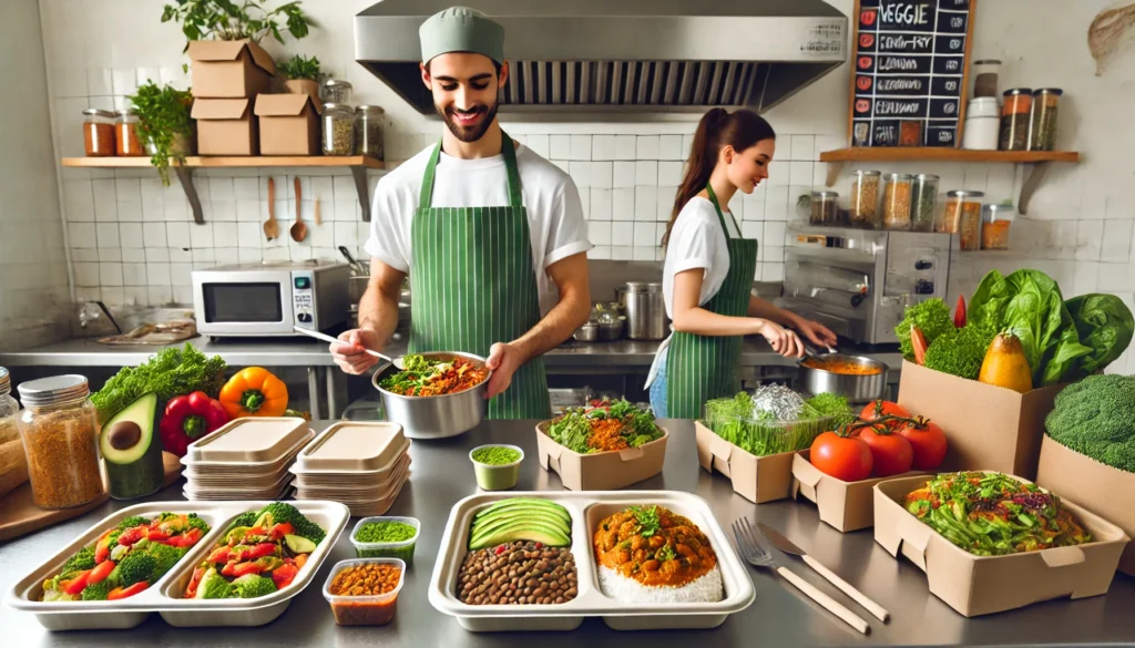 Craving Healthier Meals? Where to Find Takeout Vegetarian Food Near Me That’sDelicious and Nutritious 1 A vibrant plant-based restaurant kitchen where a chef prepares vegetarian dishes like stir-fried vegetables and lentil curry in compostable boxes, with bright lighting and a clean, modern setup.