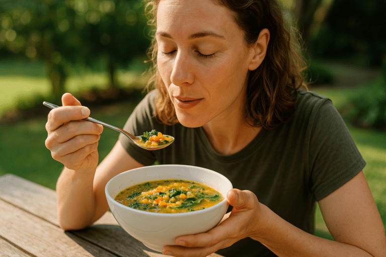 A fair-skinned woman in her early thirties sips a vibrant vegetable soup outdoors at a rustic wooden table, bathed in soft natural morning light. Surrounded by a softly blurred garden background, the peaceful scene highlights plant-based health and wellness through a nourishing vegan meal.