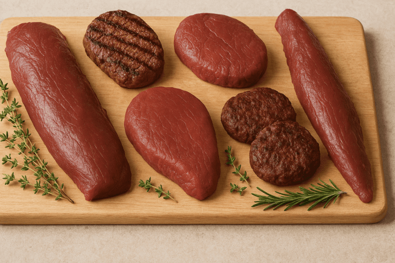 “Grilled salmon, skinless chicken breast, and lean turkey arranged on a wooden cutting board showcasing the healthiest meats to eat”