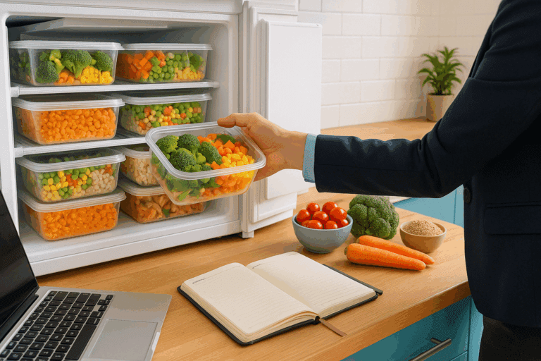 Professional kitchen with a freezer filled with colorful, chef-prepared meals symbolizing healthy frozen food delivery for busy lifestyles
