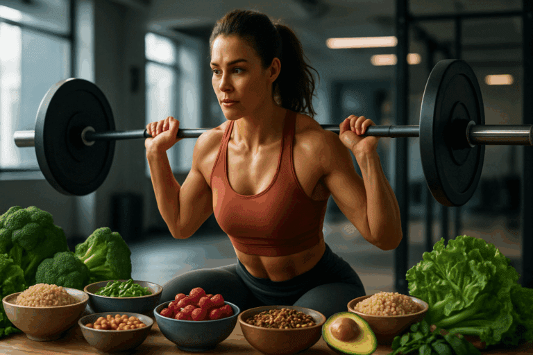 Athletic woman lifting weights in a gym surrounded by colorful whole foods, illustrating a nutrition plan for strength training focused on female wellness.