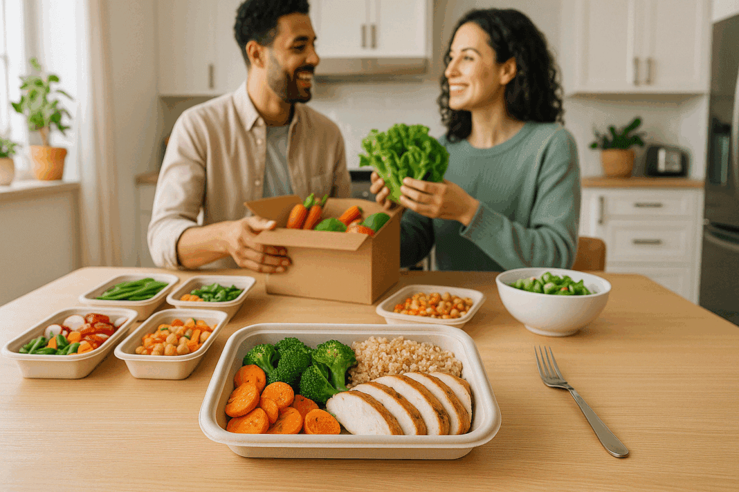 Freshly prepared meal kit ingredients laid out on a kitchen counter, showcasing the variety and balance offered by a monthly meal subscription.