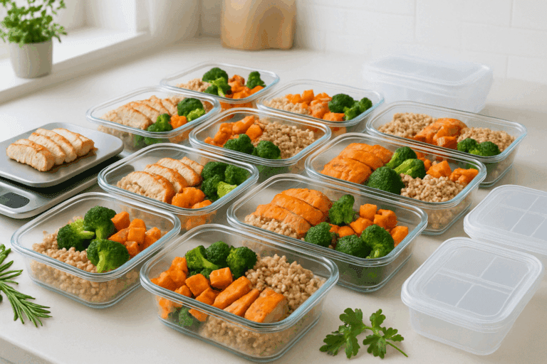 Meal containers filled with balanced ingredients like grilled chicken, quinoa, and vegetables arranged on a kitchen counter, representing smart meal prep ideas for weight loss.