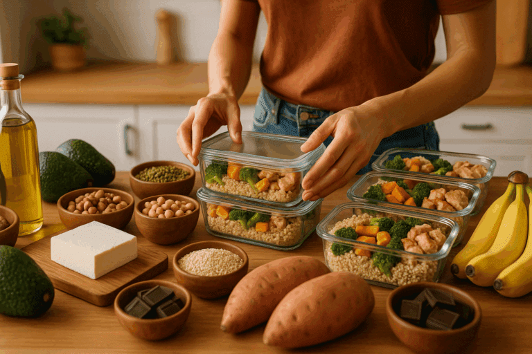 Meal containers filled with avocado toast, quinoa, roasted vegetables, and smoothies on a kitchen counter as part of smart meal prep for weight gain