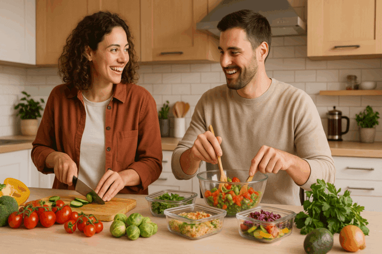 Couple cooking together in a cozy kitchen, smiling while preparing vegetables and storing meals in containers—ideal for meal prep for two people.