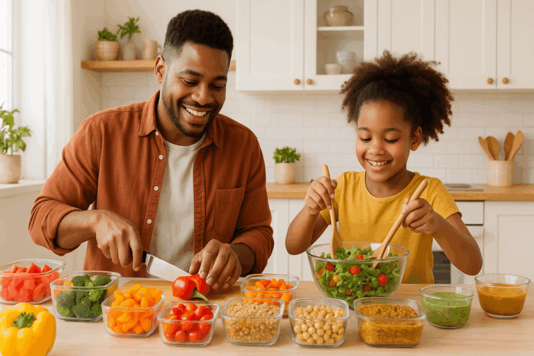 Colorful containers of vegetables, grains, and proteins on a kitchen counter organized for weekly meal prep for picky eaters