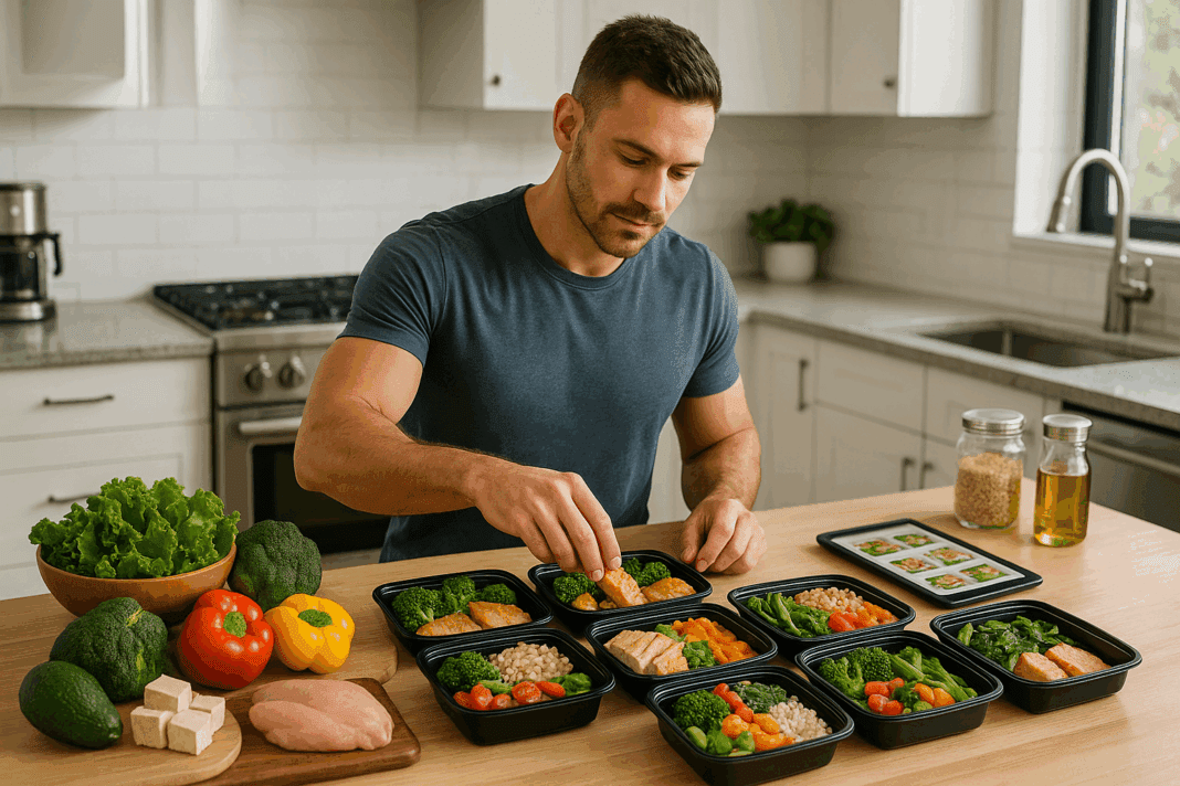 Man preparing balanced meals in reusable containers with vegetables, grains, and proteins as part of meal prep for men in a modern kitchen setting.