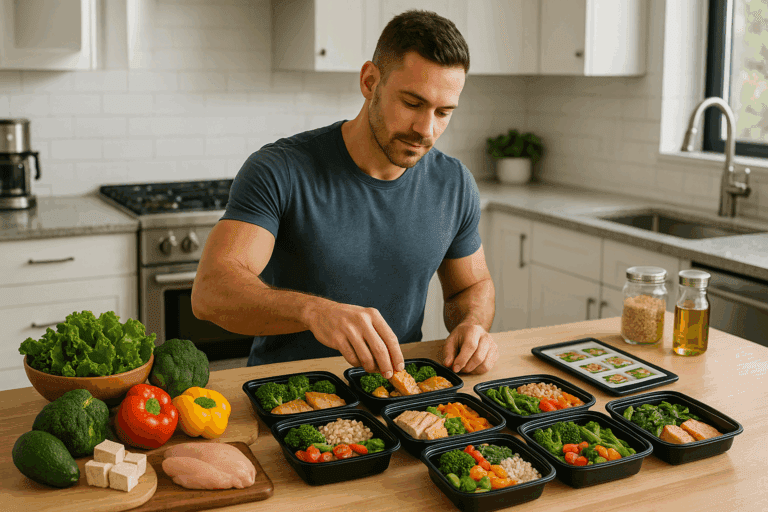 Man preparing balanced meals in reusable containers with vegetables, grains, and proteins as part of meal prep for men in a modern kitchen setting.