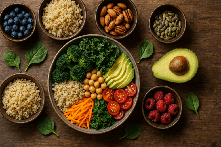 "Colorful assortment of fresh fruits, vegetables, and whole grains showcasing the best healthy foods to eat every day for optimal nutrition and wellness."