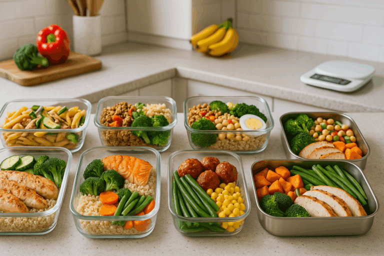 Freshly prepared meals organized in the best meal prep containers, including glass and plastic options, on a modern kitchen countertop.