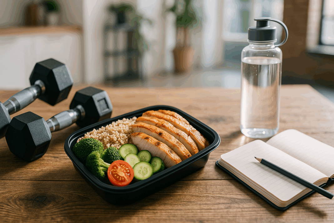 Healthy meal prep with grilled chicken, quinoa, and vegetables beside workout gear, representing a balanced 30 day fat loss meal plan for sustainable results.