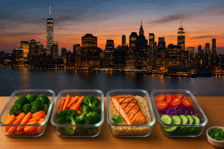 Busy New York professional receiving healthy meal prep delivery in NYC with eco-friendly containers and balanced meals on a city street