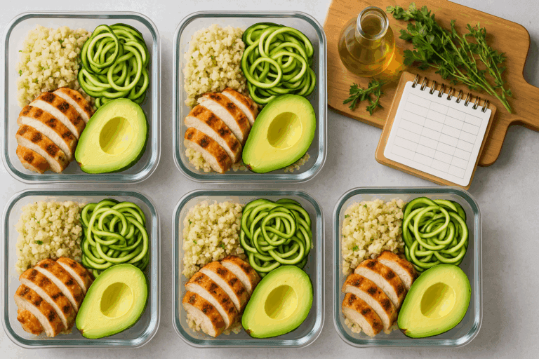 Balanced lunch containers with grilled chicken, cauliflower rice, and avocado representing smart meal prep ideas for a low carb diet.